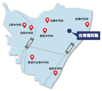 台東区の中学校と台東個別塾の地図